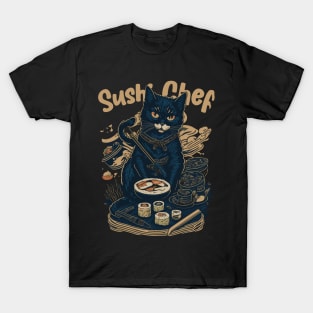 Retro Japanese-Inspired Feline Culinary Cat as Sushi Chef T-Shirt